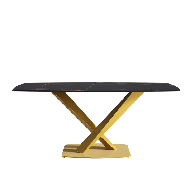 70.87" Modern Artificial Stone Black Curved Golden Metal Leg Dining Table - Black / Gold