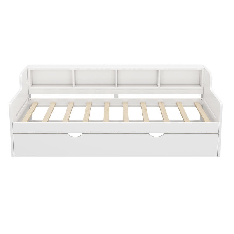 Twin Size Wooden Day Bed with Trundle for Guest Room, Small Bedroom, Study Room, White