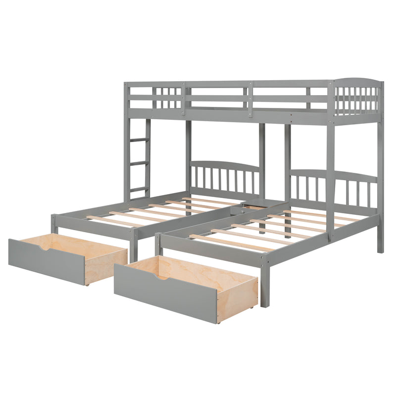 Twin over Twin & Twin Bunk Bed with Two Drawers and Built-in Middle Drawer, Gray