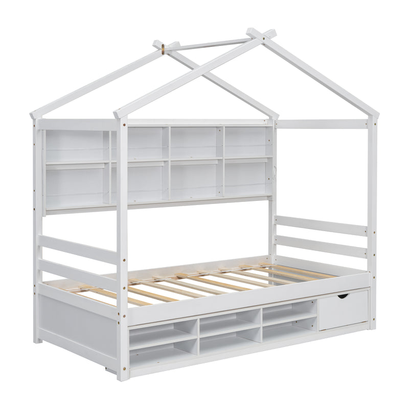 Twin House Bed with Roof Frame, Bedside-shelves, Under Bed Storage Unit,White