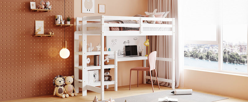 Twin Size Wooden Loft Bed with Shelves, Desk and Writing Board - White