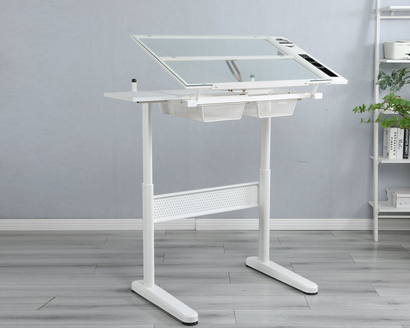 Hand Crank Adjustable Drafting Table Drawing Desk With 2 Metal Drawers With Stool - White