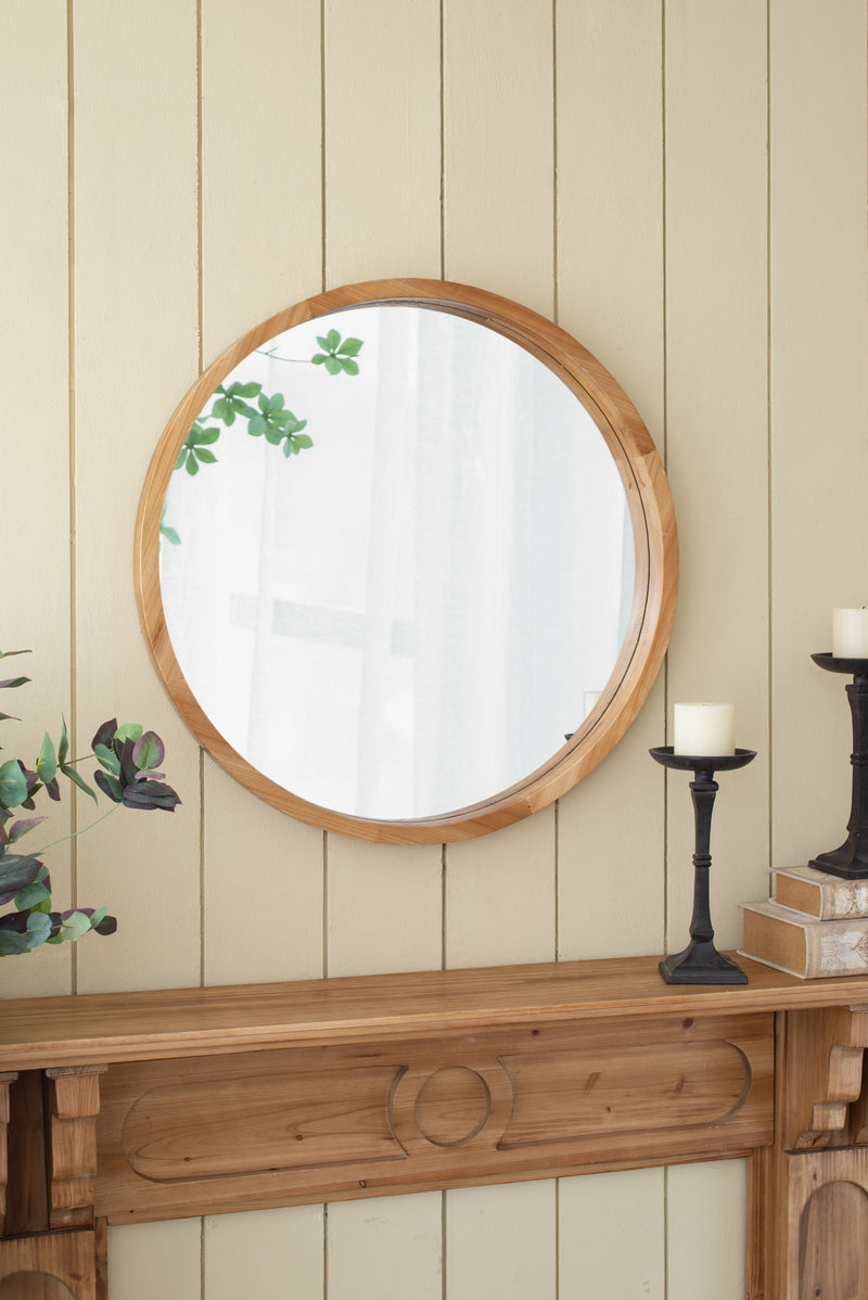 Wood Round Mirror, Farmhouse Decor Style Circle Wall Mirror For Living Room Bathroom Entryway - Brown