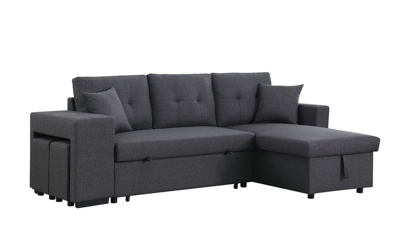 Dennis - Linen Fabric Reversible Sleeper Sectional With Storage Chaise And 2 Stools