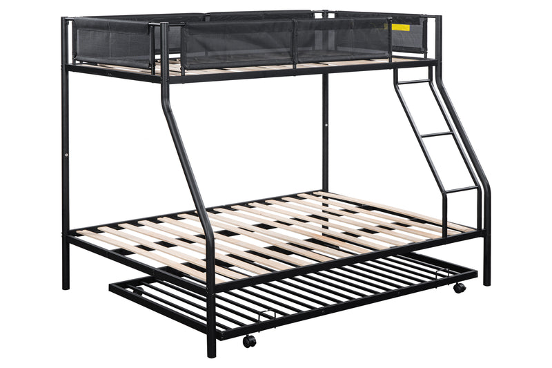 Twin over Full Metal Bunk Bed with Trundle/ Sturdy Metal Bed Frame/ Noise-Free Wood Slats/ Comfortable Textilene Guardrail/ Space-saving Trundle/ Bunk Bed for Three/ No Box Spring Needed