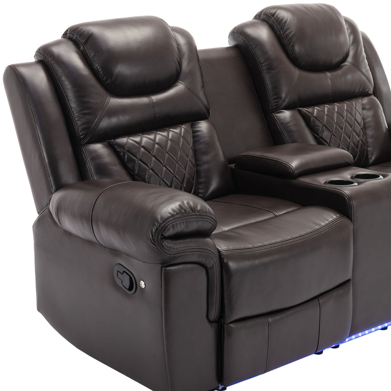 Home Theater Seating Manual Recliner Loveseat With Hide-Away Storage, Cup Holders And Led Light Strip For Living Room