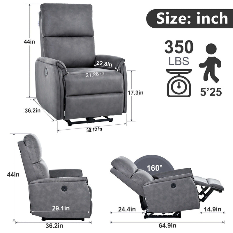 30.12" Electric Power Recliner Chair, Reclining Chair For Bedroom Living Room, Small Recliners Home Theater Seating, With USB Ports, Recliner For Small Space - Dark Gray