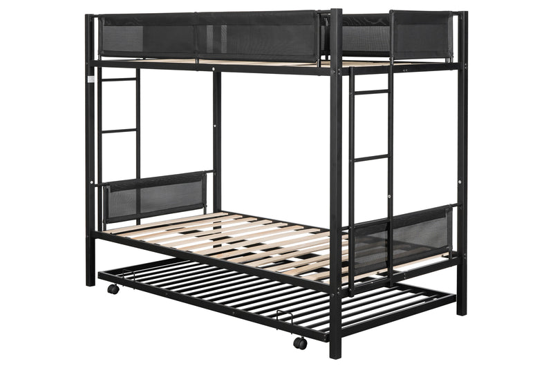 Metal Twin Over Twin Bunk Bed With Trundle/ Sturdy Metal Frame/ Noise Free Wood Slats/ Comfortable Textilene Guardrail/ 2 Side Ladders/ Space Saving Trundle/ Bunk Bed For Three/ No Box Spring Needed - Black