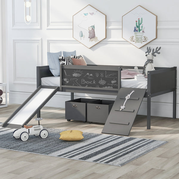 Twin size Loft Bed Wood Bed with Two Storage Boxes - Gray( old sku: LP000075AAE )