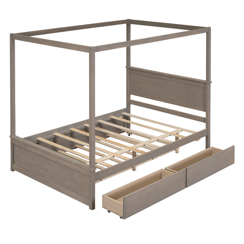 Wood Canopy Bed with Trundle Bed and two Drawers ,Full Size Canopy Platform bed With Support Slats .No Box Spring Needed, Brushed Light Brown