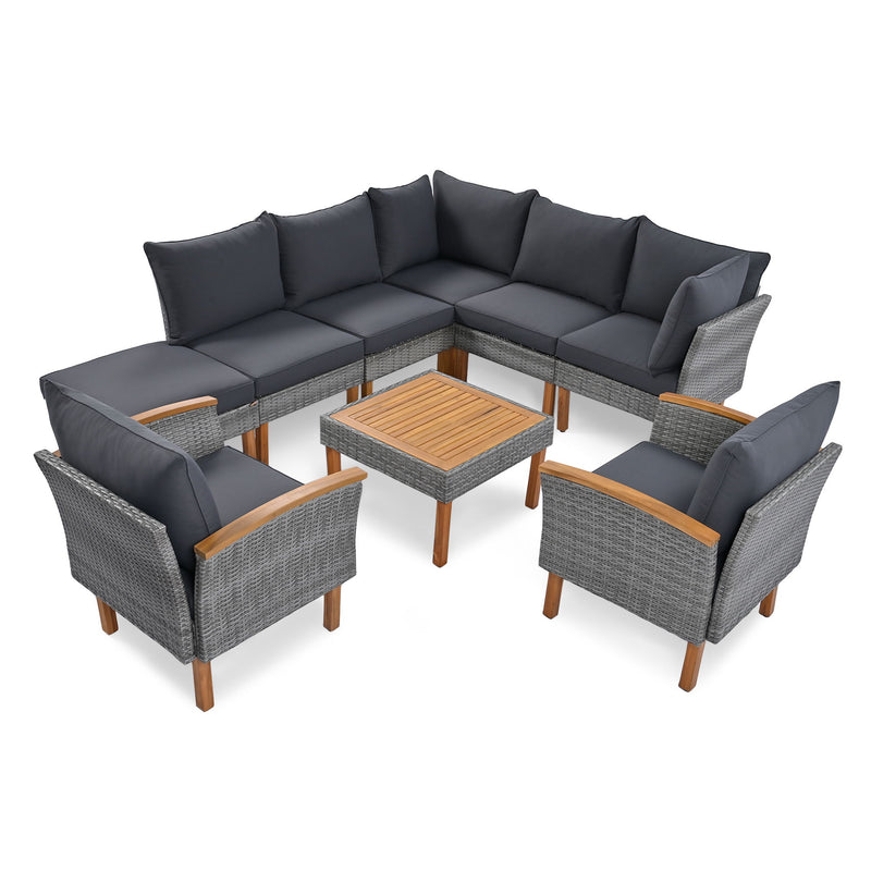 9 Piece Patio Rattan Furniture Set, Outdoor Conversation Set With Acacia Wood Legs And Tabletop, PE Rattan Sectional Sofa Set With Coffee Table, Washable Cushion