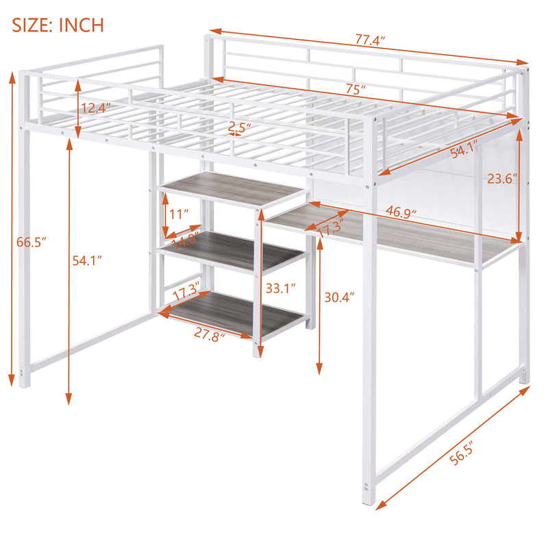 Full Size Loft Bed With Desk And Whiteboard, Metal Loft Bed With 3 Shelves And Ladder - White