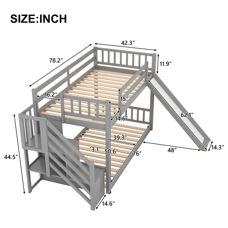 Twin over Twin Bunk Bed with Convertible Slide and Stairway, Gray