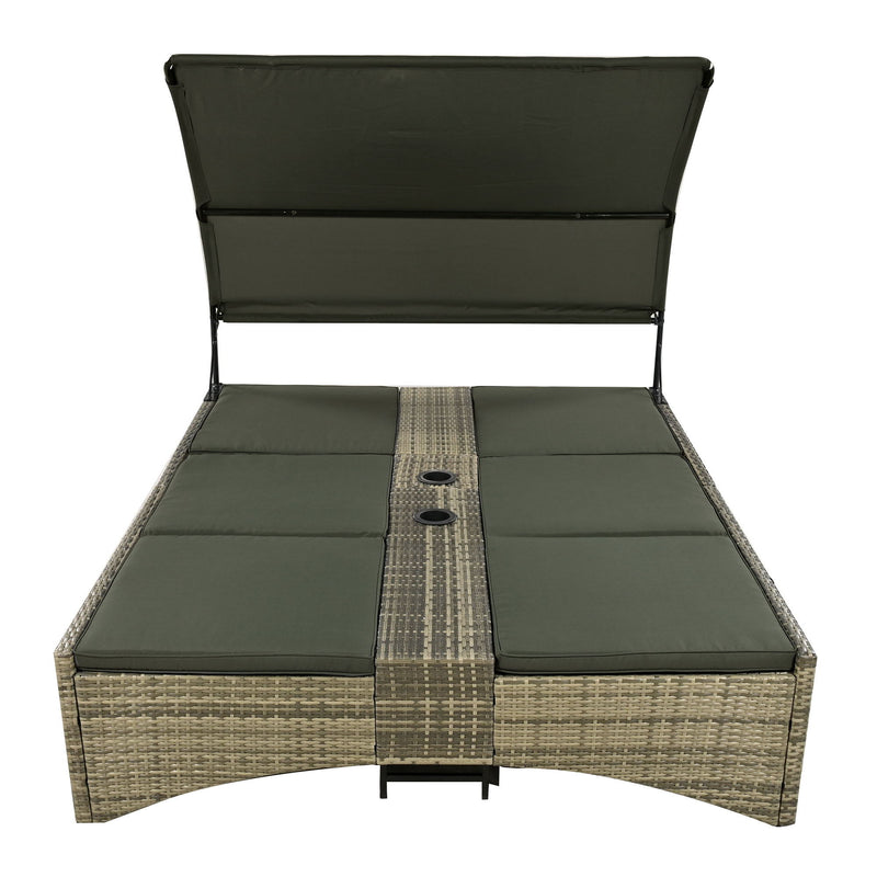 Patio Daybed Outdoor Daybed Sun Lounger With Shelter Roof With Adjustable Backrest, Storage Box And 2 Cup Holders For Patio, Balcony, Poolside