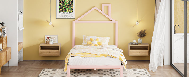 Twin Size Metal Platform Bed with House-Shaped Headboard Design, Pink