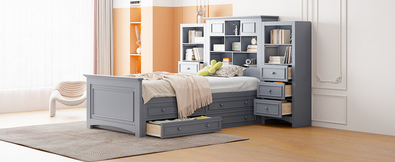 Twin Size Wood Platformbed with Vertical All-in-One Cabinet and 4 Drawers on each side, Gray