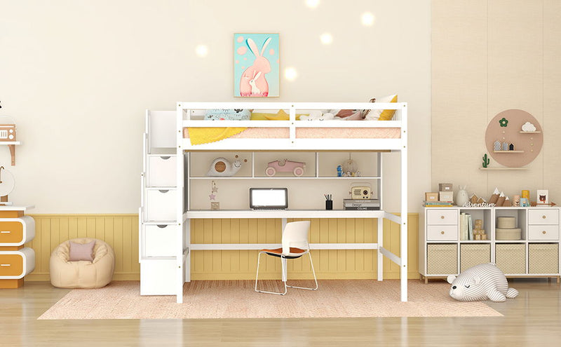 Full Size Loft Bed With Built-In Desk, Bookshelves And Storage Staircase - White