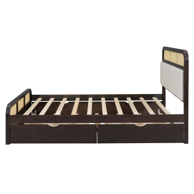 Wooden Platform Bed With Trundle And 2 Drawers