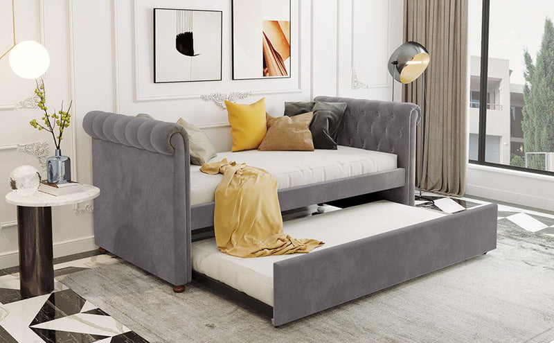 Twin Size Upholstered Daybed With Trundle, Wood Slat Support - Gray