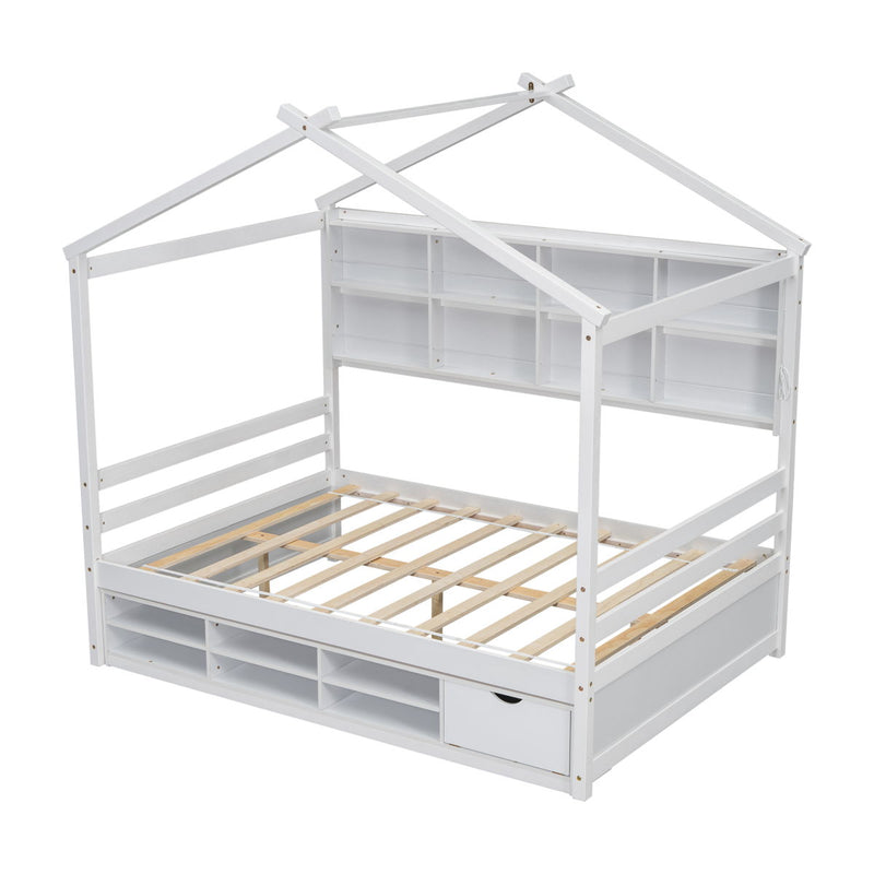 Full House Bed With Roof Frame, Bedside-Shelves, Under Bed Storage Unit - White