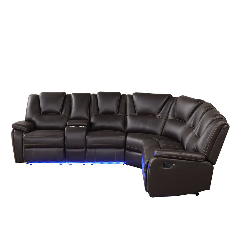 Modern Faux Leather Manual Reclining With Center Console And LED Light Strip, Living Room Furniture Set, PU Symmetrical Couch With 2 Cup Holders And Storage For Living Room