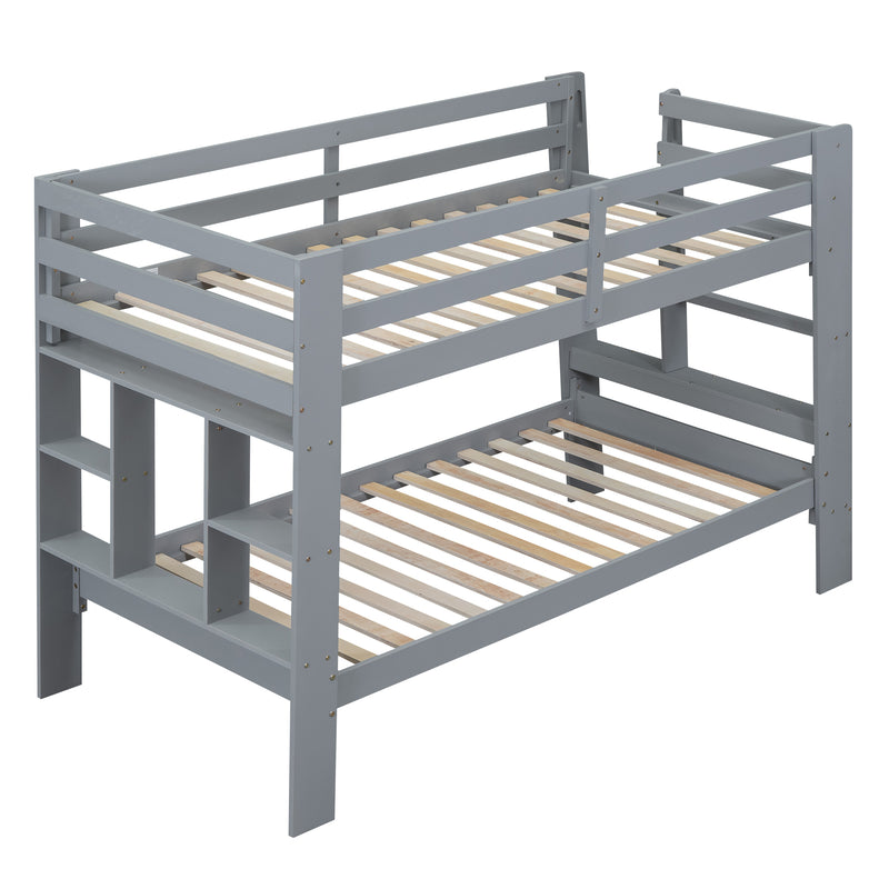 Twin over Twin Bunk Bed with Shelves and Built-in Ladder, Gray