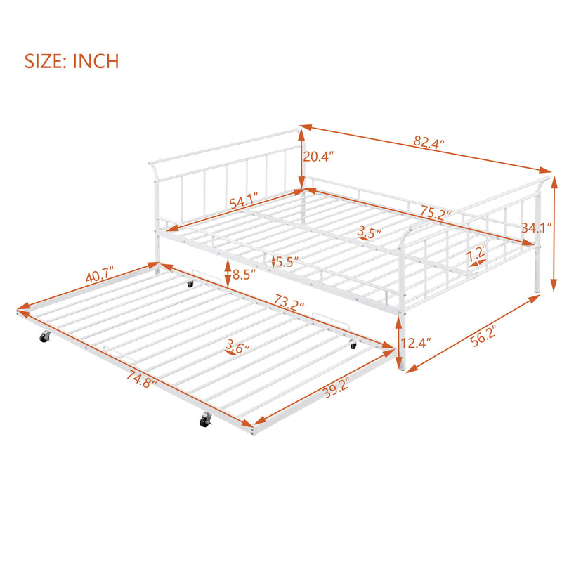 Full Size Metal Daybed With Curved Handle Design And Twin Size Trundle - White