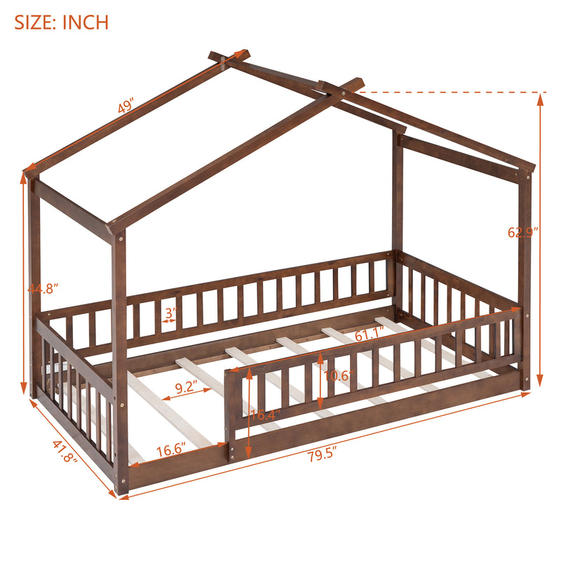 Twin Size Wood Bed House Bed Frame with Fence, for Kids, Teens, Girls, Boys, Walnut