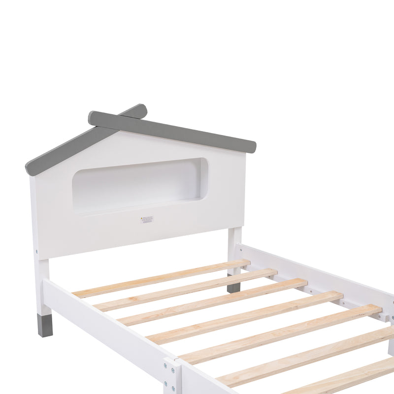 Twin Size Wood Platform Bed with House-shaped Headboard and Motion Activated Night Lights (White+Gray)