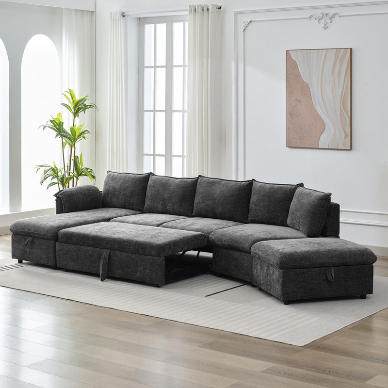 L-Shaped Sofa Sectional Sofa Couch Pull-Out Sofa Bed With A Movable Storage Ottoman, A Storage Chaise Lounge And Two USB Ports For Living Room