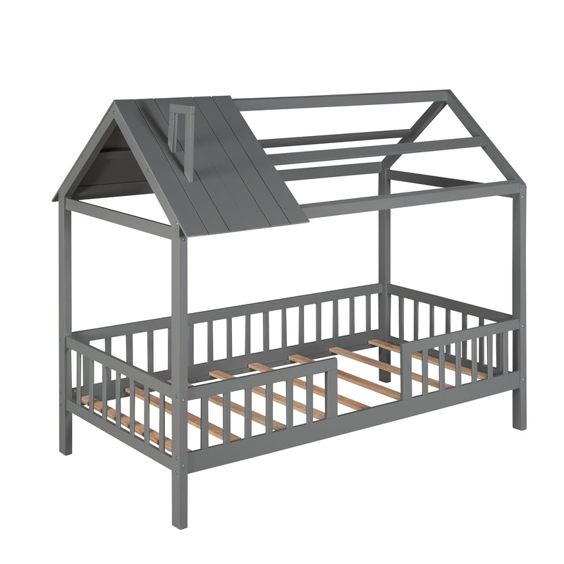 Twin Size Wood House Bed with Fence, Gray