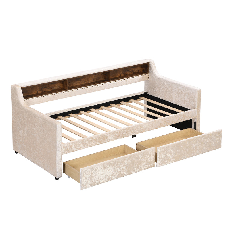 Twin Size Snowflake Velvet Daybed with Two Storage Drawers and Built-in Storage Shelves,Beige