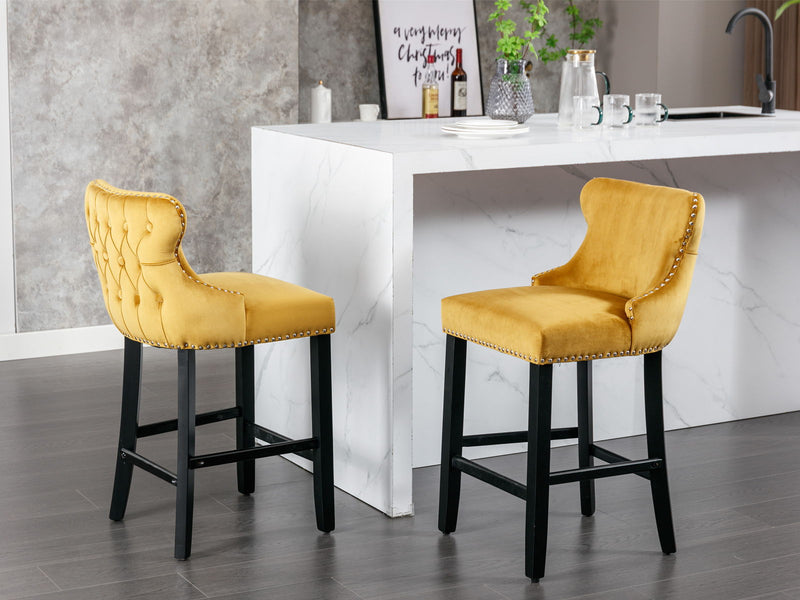 Contemporary Velvet Upholstered Wing-Back Barstools With Button Tufted Decoration And Wooden Legs, And Chrome Nailhead Trim, Leisure Style Bar Chairs, Bar Stools (Set of 2)