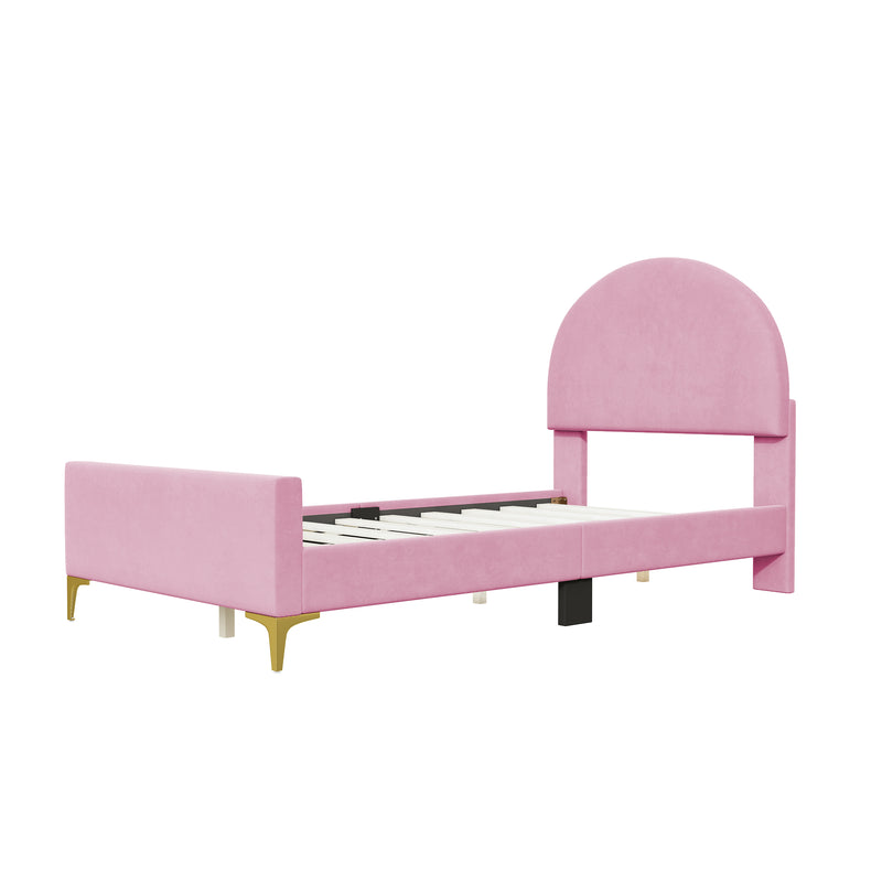 Twin Size Upholstered Platform Bed with Classic Semi-circle Shaped headboard and Mental Legs, Velvet, Pink