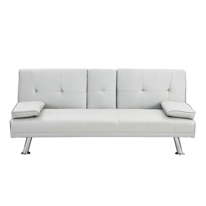 Sofa Bed With Armrest Two Holders Wood Frame, Stainless Leg, Futon - White