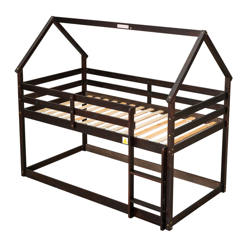 Twin over Twin Loft Bed with Roof Design, Safety Guardrail, Ladder, Espresso