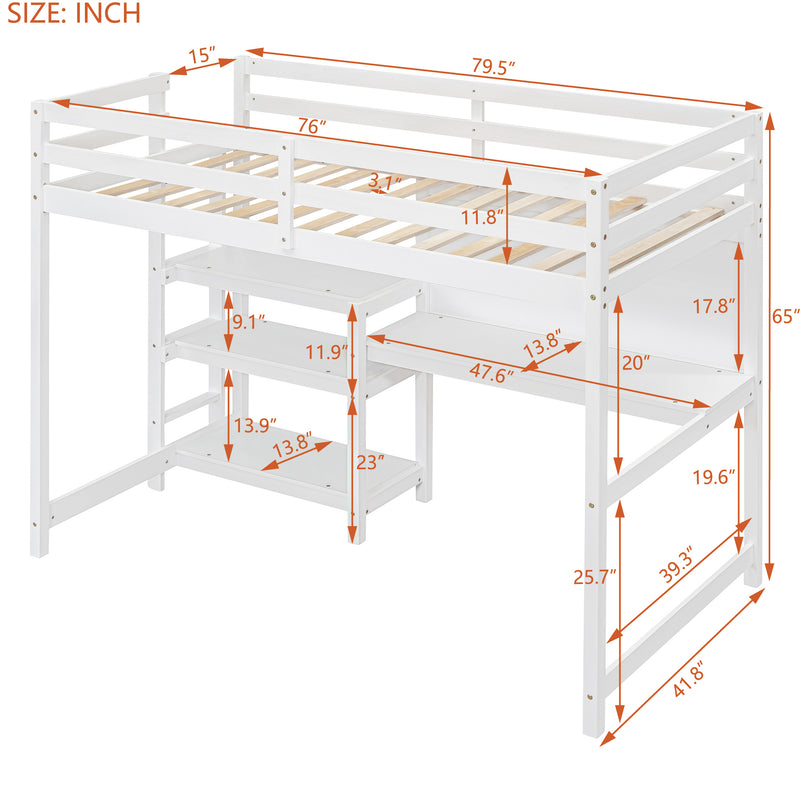 Twin Size Wooden Loft Bed with Shelves, Desk and Writing Board - White