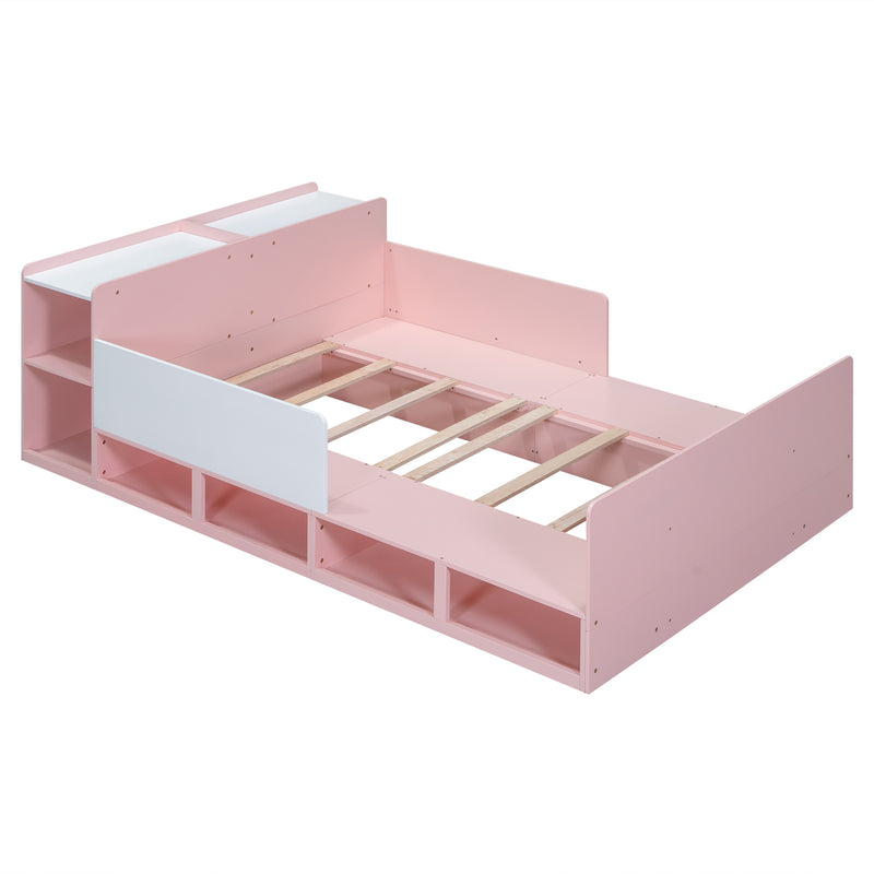 Wood Full Size Platform Bed with Storage Headboard, Guardrails and 4 Underneath Cabinets, Pink