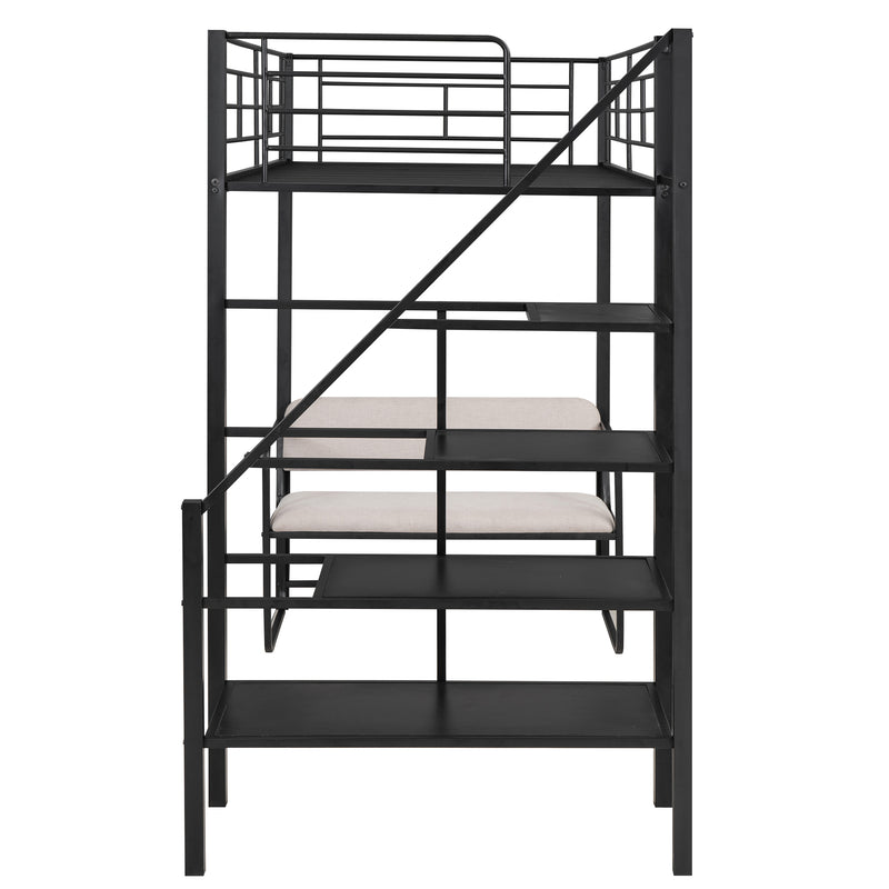 Twin Size Metal Loft Bed with Bench and Storage Staircase, Black