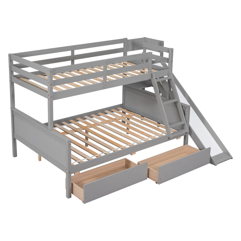 Twin over Full Bunk Bed with 2 Drawers,Slide,Shelves Grey