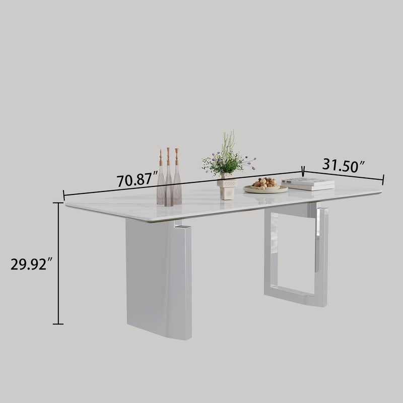 Sintered Stone Composite Tempered Glass Top Rectangular Dining Table With Stainless Steel Base