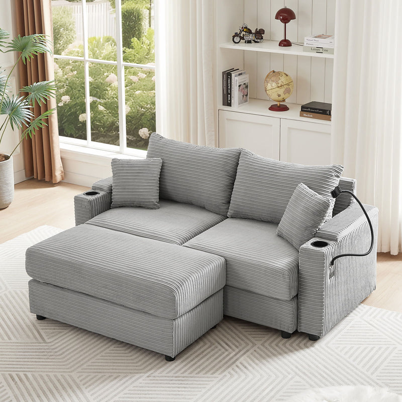 Modern Style Loveseat Sofa Sectional Sofa Couch With Storage Space, A Movable Ottoman, Two USB Ports, Two Cup Holders, A Phone Holder For Living Room