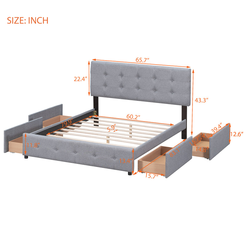 Upholstered Platform Bed with Classic Headboard and 4 Drawers, No Box Spring Needed, Linen Fabric, Queen Size Light Gray