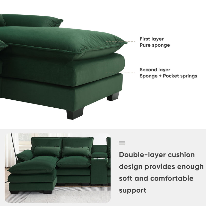 Modern U Shaped Sofa With Console, Cupholders And USB Ports, 6 Seat Upholstered Symmetrical Indoor Furniture, Sleeper Couch Set With Chaise For Living Room, Apartment, 5 Colors - Green