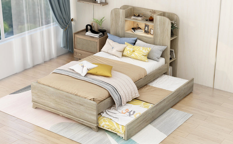 Twin Size Storage Platform Bed Frame with with Trundle and Light Strip Design in Headboard,Natural