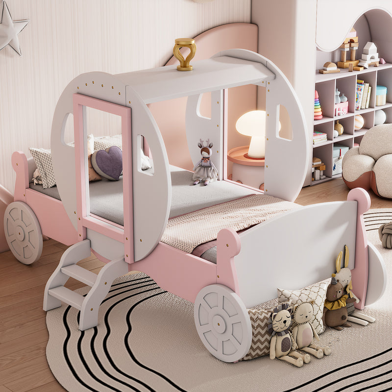 Twin size Princess Carriage Bed with Crown ,Wood Platform Car Bed with Stair,White+Pink