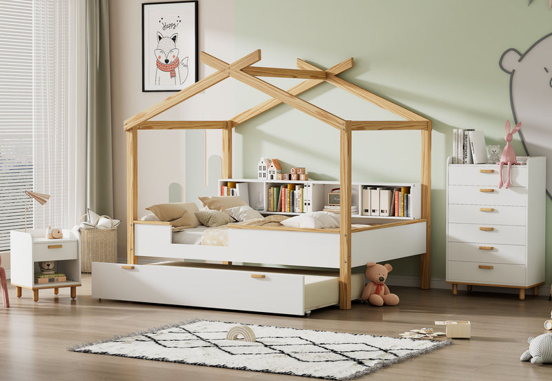 White Full Size Wooden House Bed with Original Wood Colored Frame Twin Size Trundle and Bookshelf Storage Space for Children or Guest Room