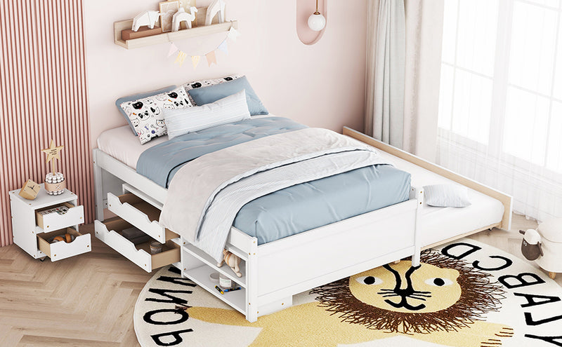 Versatile Full Bed with Trundle,Under bed Storage Box and Nightstand .White