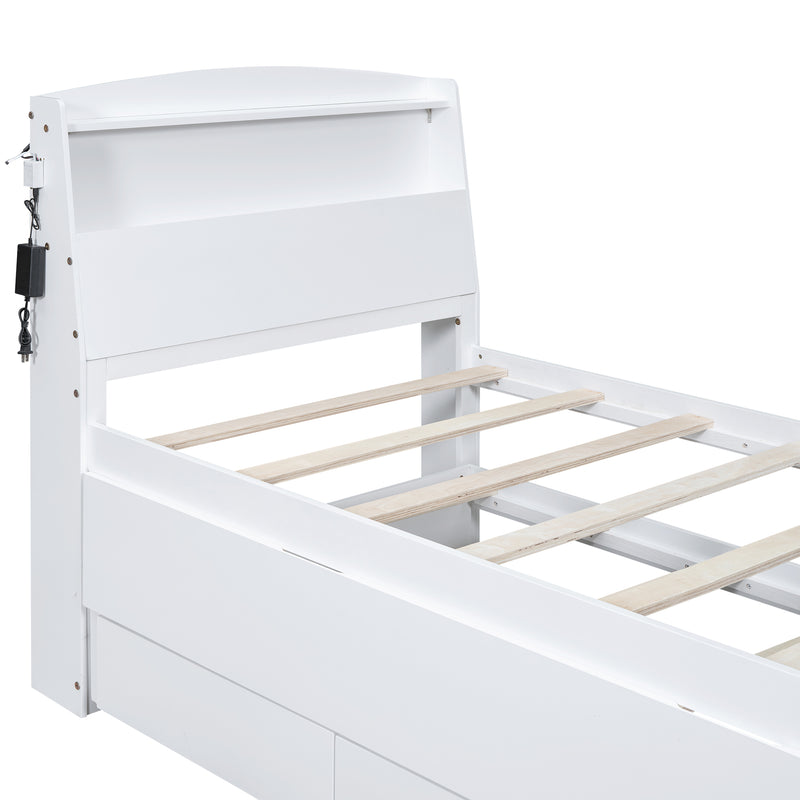 Twin Size Platform Bed with Storage LED Headboard, Twin Size Trundle and 3 Drawers, White