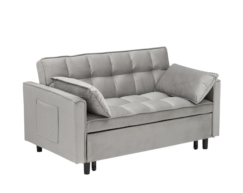 Modern Velvet Loveseat Futon Sofa Couch Pullout Bed, Small Love Seat Lounge Sofa With Reclining Backrest, Toss Pillows, Pockets, Furniture For Living Room, 3 In 1 Convertible Sleeper Sofa Bed - Gray